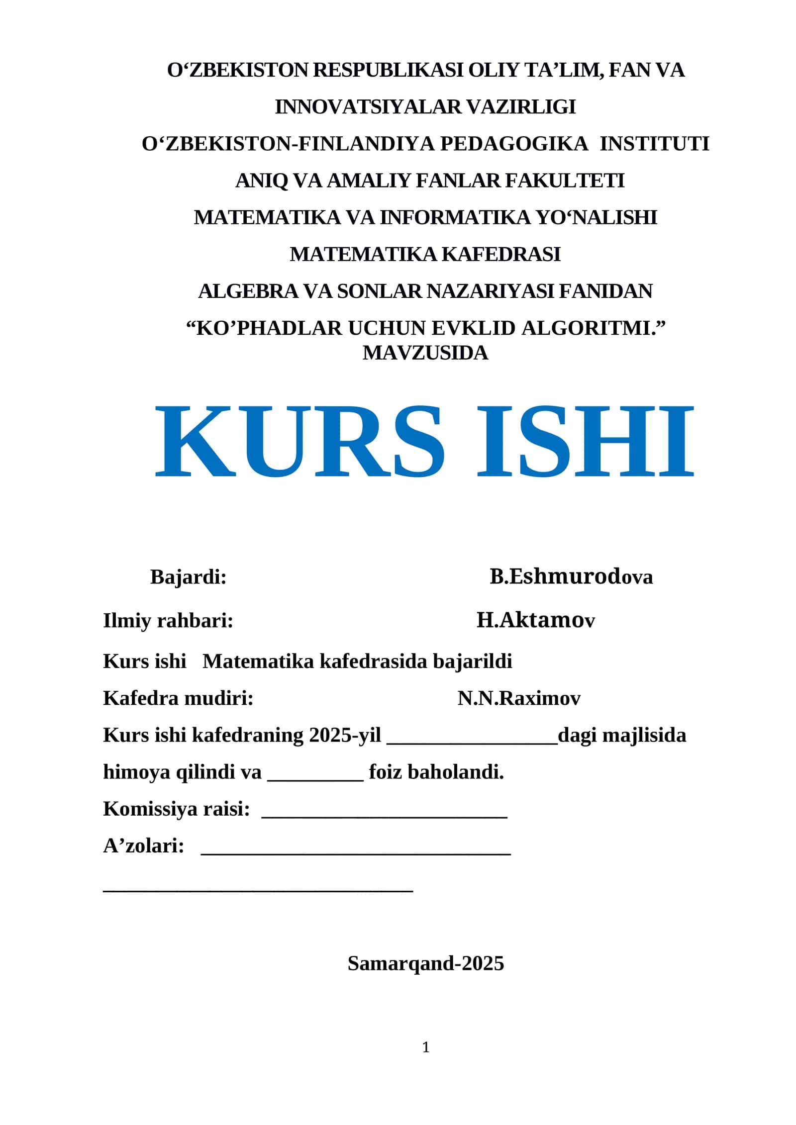 KO’PHADLAR UCHUN EVKLID ALGORITMI 1