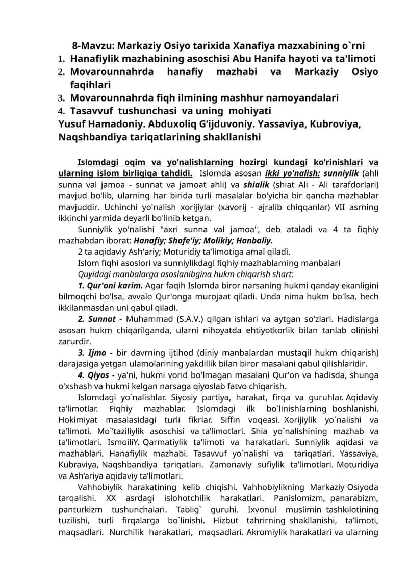 Xanafiya mazxabining o`rni 1