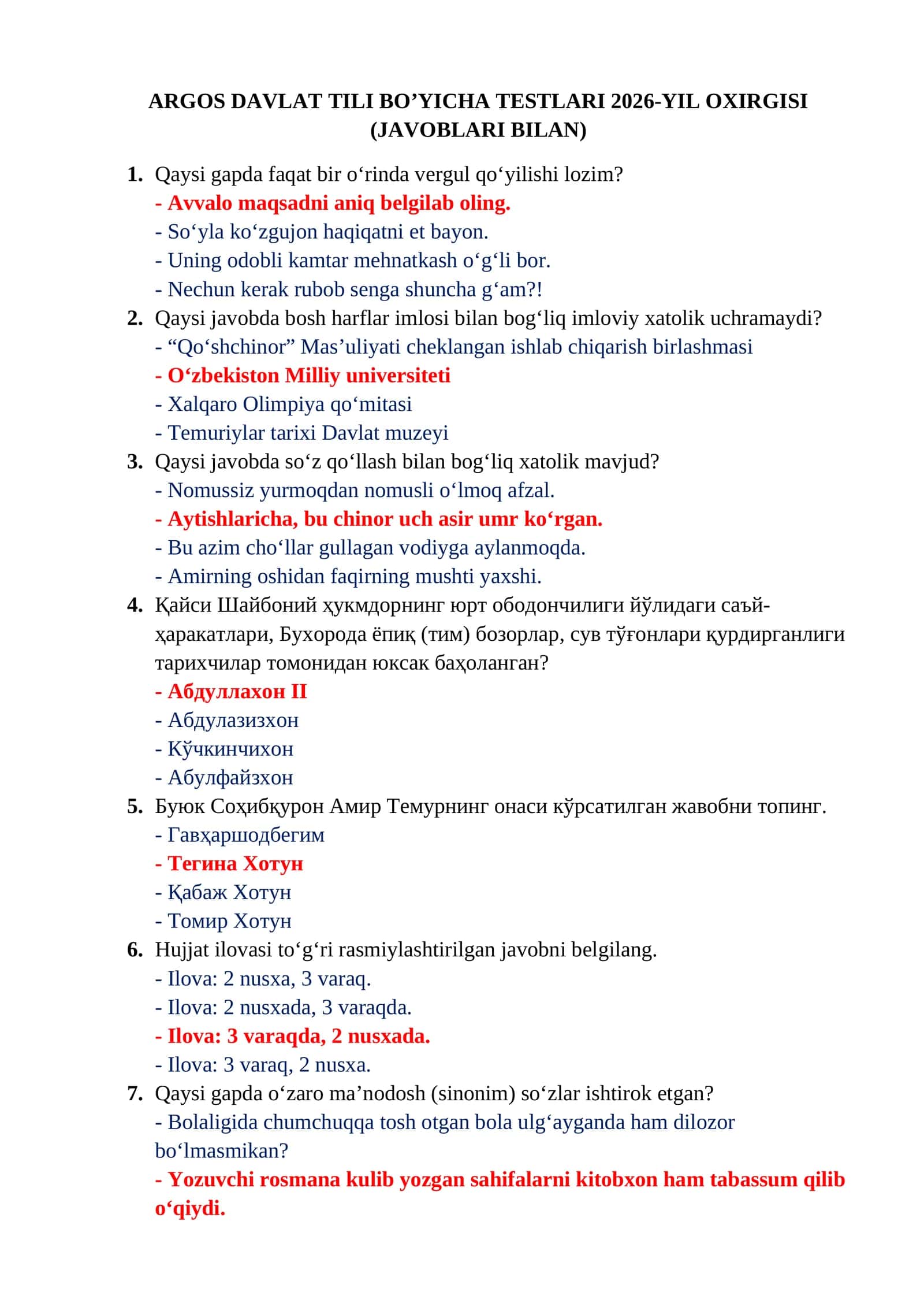 ARGOS DAVLAT TILI BO’YICHA TESTLARI 2026-YIL OXIRGISI (JAVOBLARI BILAN) 1
