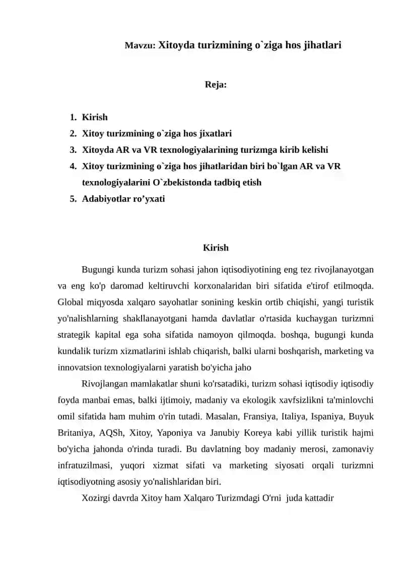 Xitoyda turizmining o`ziga hos jihatlari