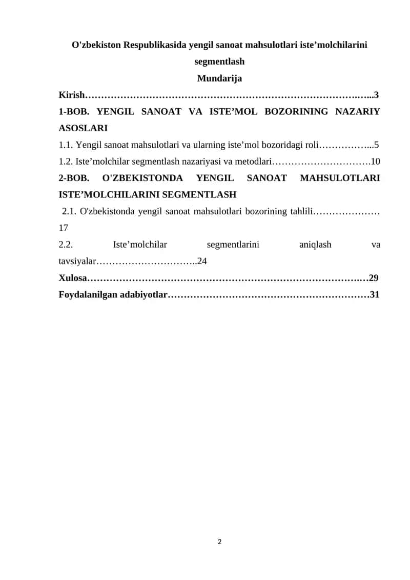 O'zbekiston Respublikasida yengil sanoat mahsulotlari iste’molchilarini segmentlash 1