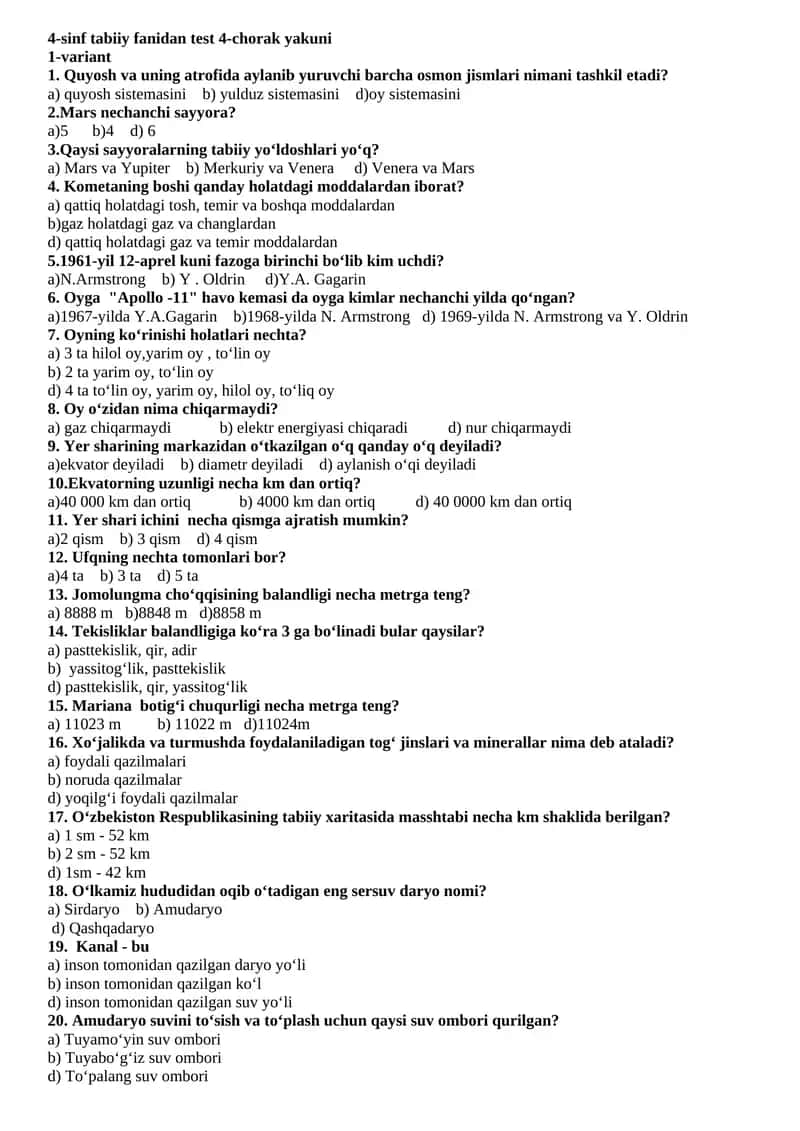 4-sinf tabiiy fanidan test 4-chorak yakuni 1
