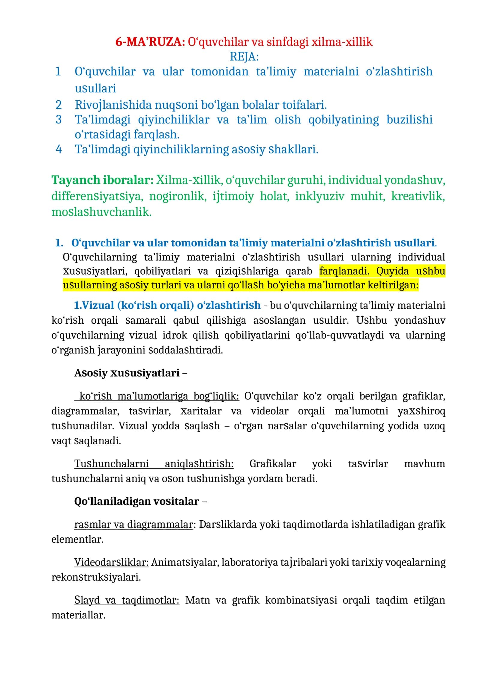 6-MA’RUZA: O‘quvchilar va sinfdagi xilma-xillik 1