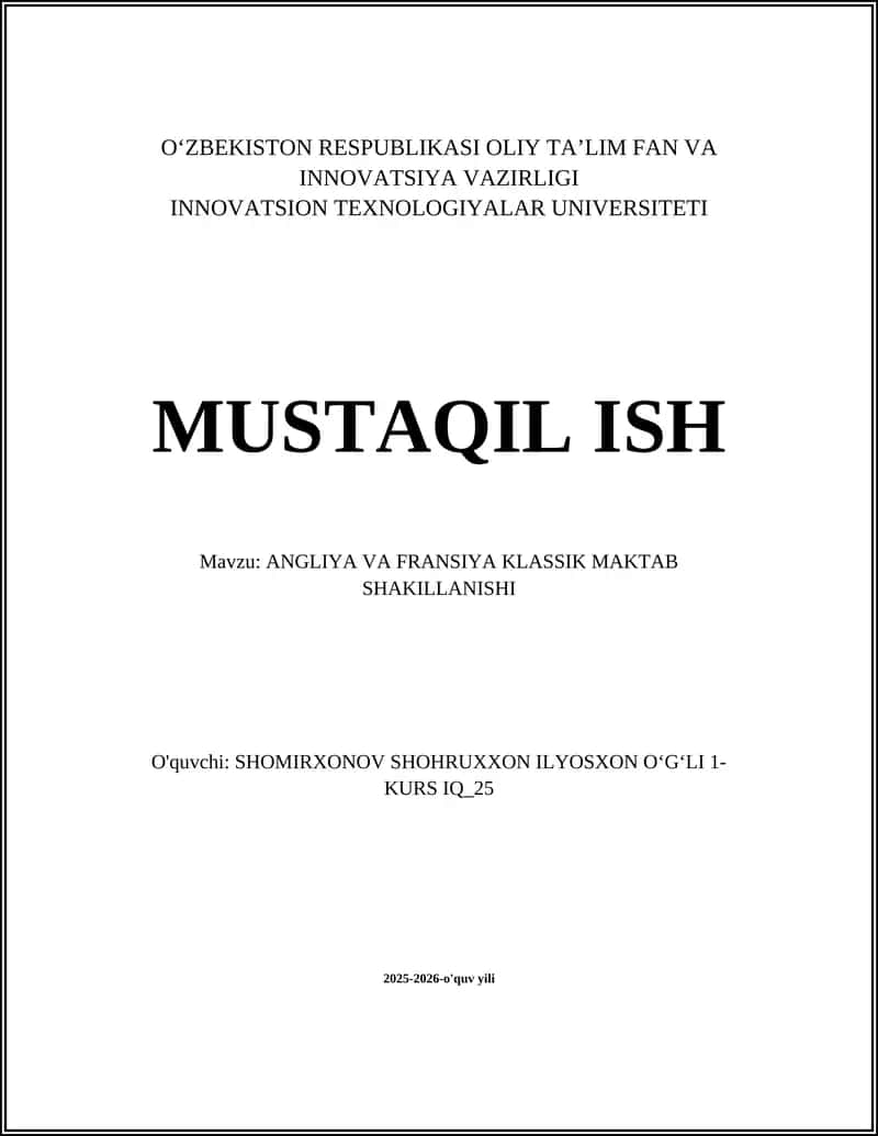 ANGLIYA VA FRANSIYA KLASSIK MAKTAB SHAKILLANISHI 1