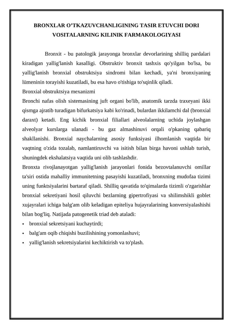 BRONXLAR O’TKAZUVCHANLIGINING TASIR ETUVCHI DORI VOSITALARNING KILINIK FARMAKOLOGIYASI 1