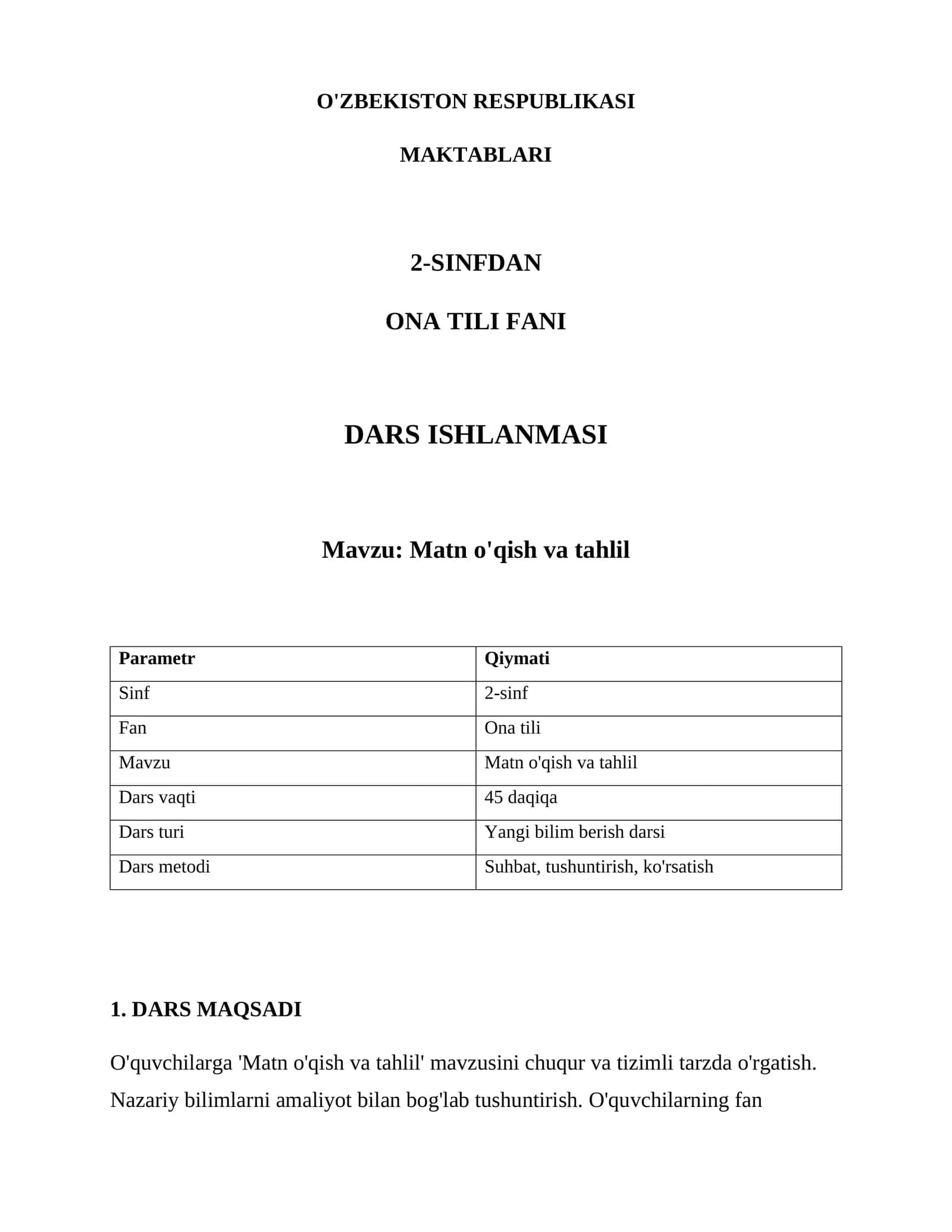 Matn o'qish va tahlil Dars ishlanmasi 1