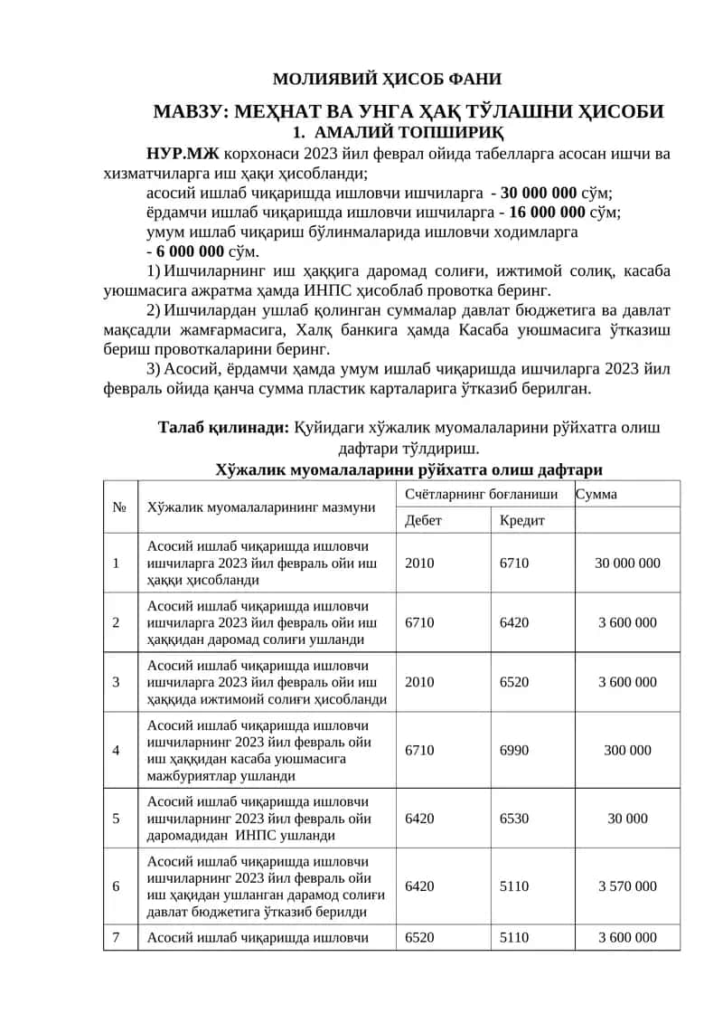 Мавзу: Меҳнат ва унга ҳақ тўлашни ҳисоби 1
