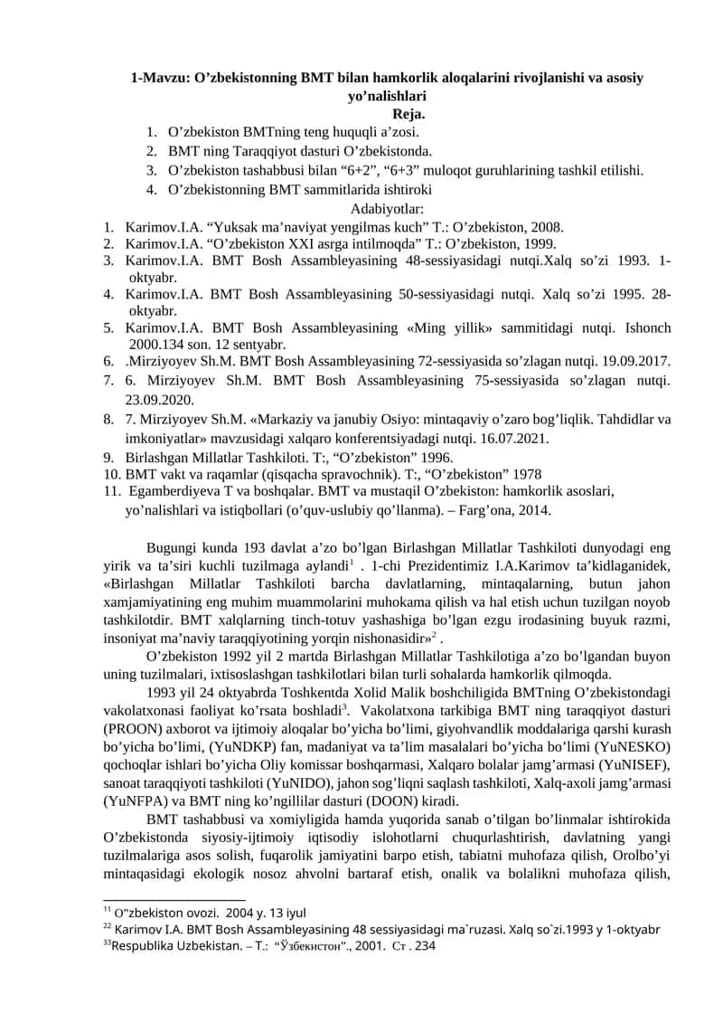 O’zbekistonning BMT bilan hamkorlik aloqalarini rivojlanishi va asosiy yo’nalishlari 1