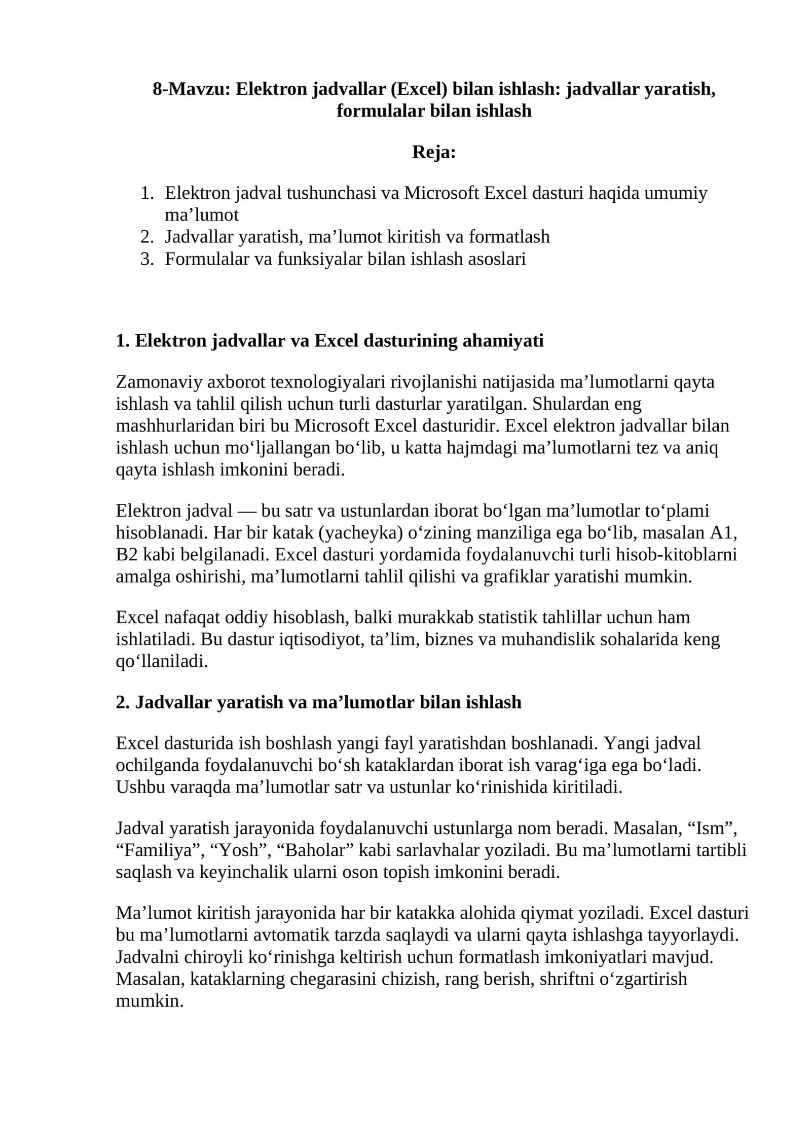 Elektron jadvallar (Excel) 1
