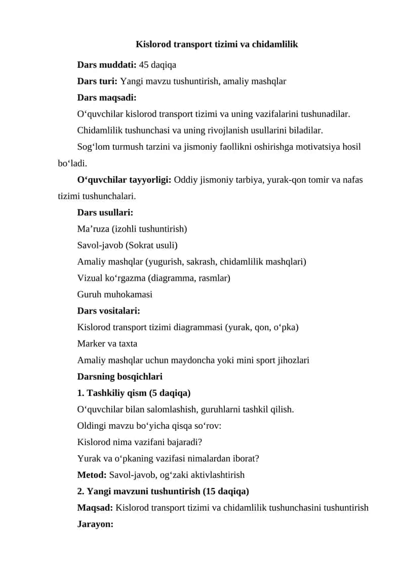 Kislorod transport tizimi va chidamlilik 1