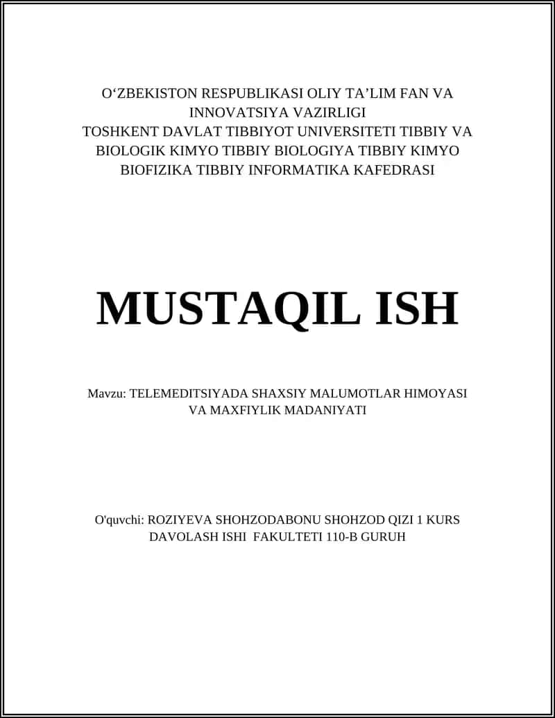 TELEMEDITSIYADA SHAXSIY MALUMOTLAR HIMOYASI VA MAXFIYLIK MADANIYATI 1
