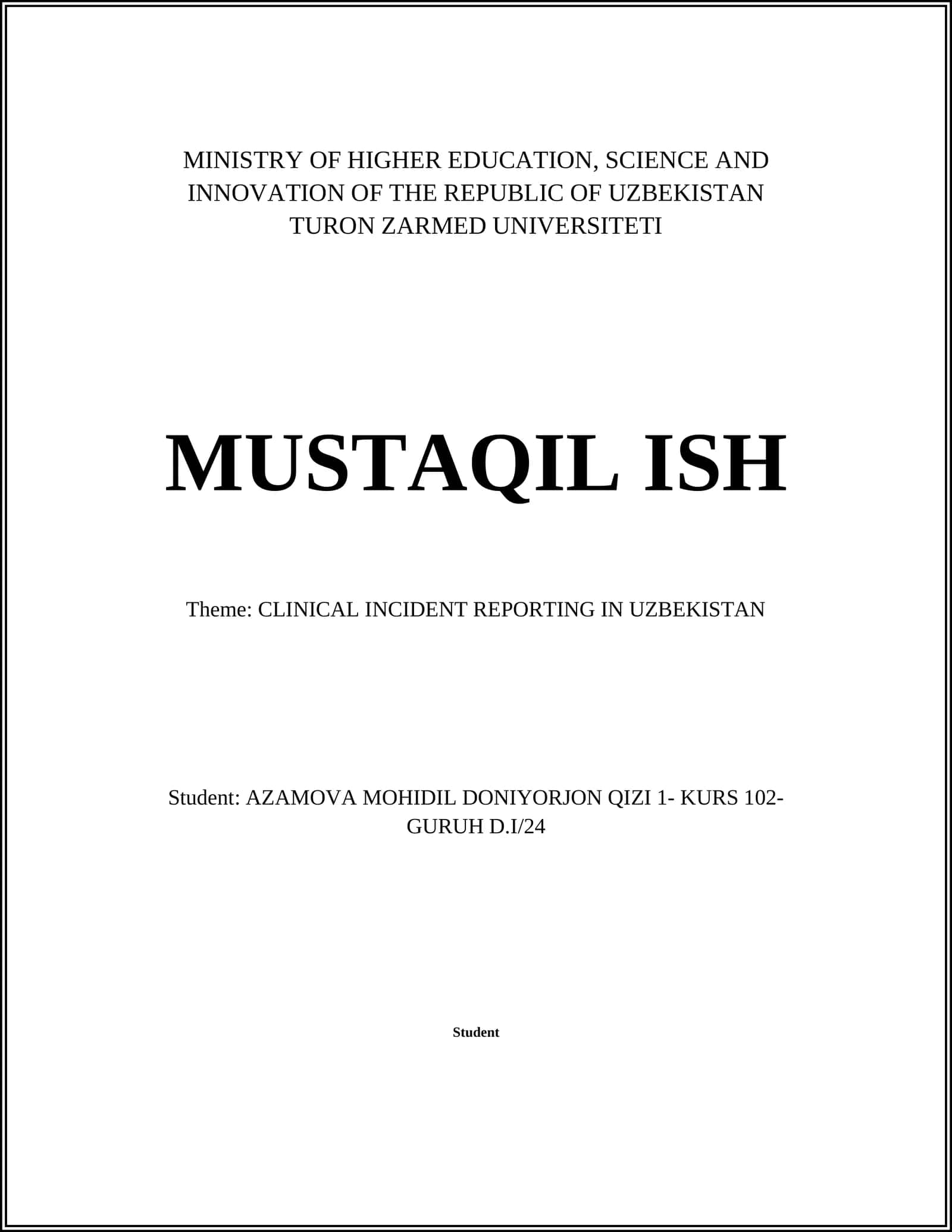 CLINICAL INCIDENT REPORTING IN UZBEKISTAN 1