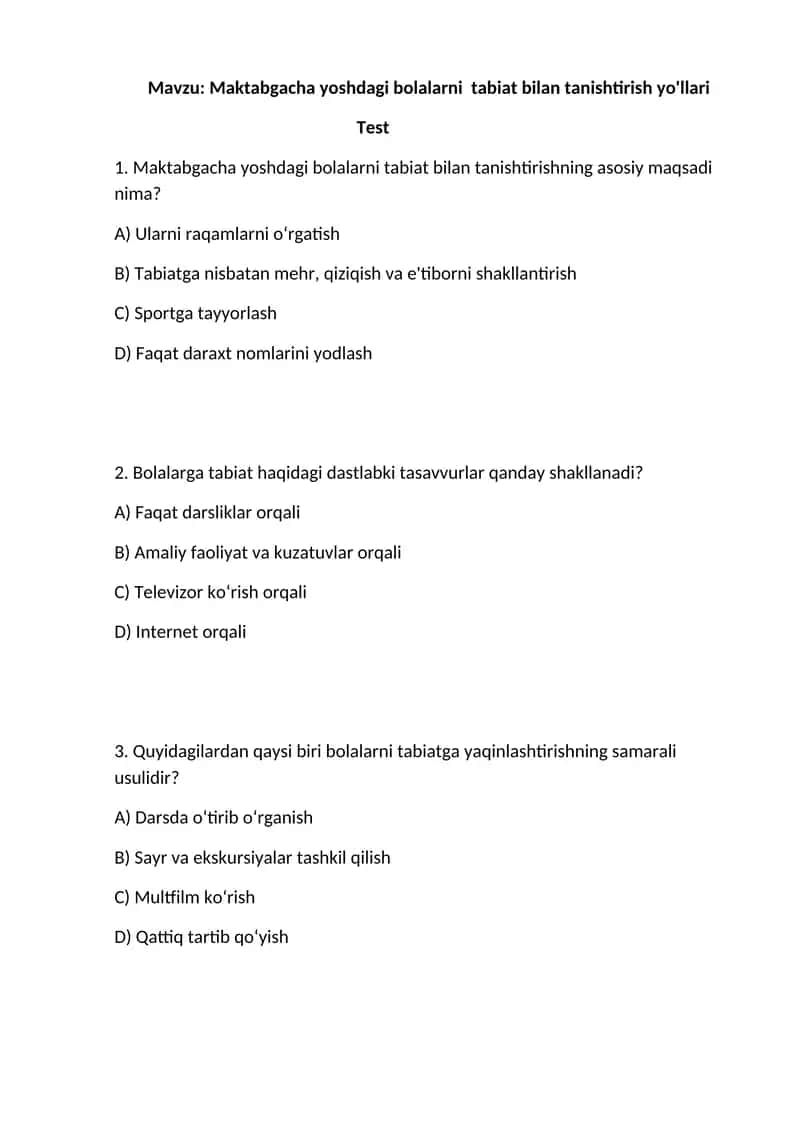 Maktabgacha yoshdagi bolalarni tabiat bilan tanishtirish yo'llari 1