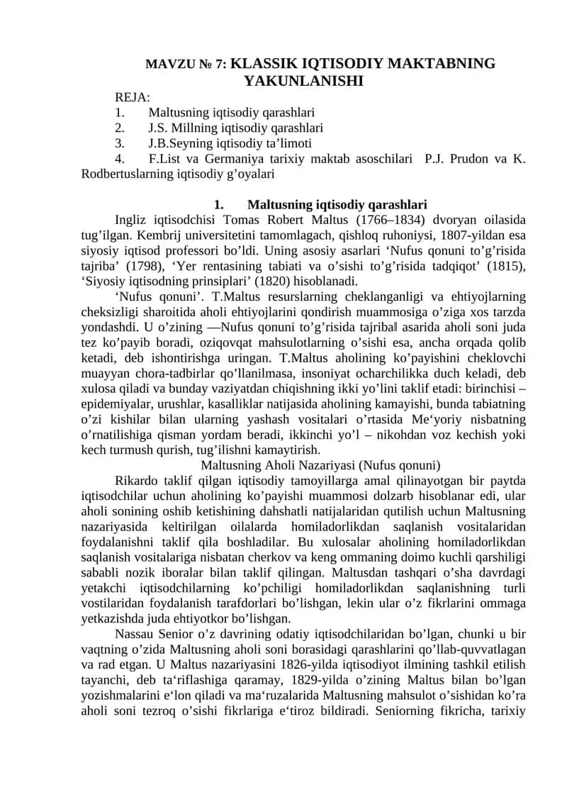 Maltusning iqtisodiy qarashlari 1