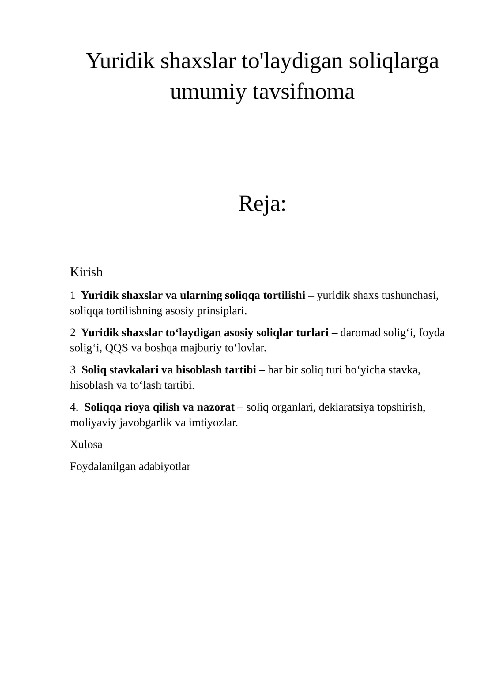Yuridik shaxslar to'laydigan soliqlarga umumiy tavsifnoma 1