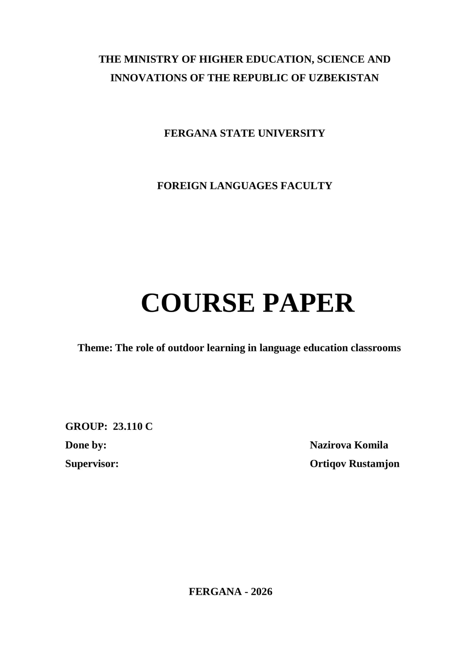 Course Paper: The role of outdoor learning in language education classrooms 1