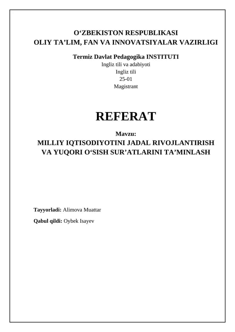 MILLIY IQTISODIYOTINI JADAL RIVOJLANTIRISH VA YUQORI O‘SISH SUR’ATLARINI TA’MINLASH 1