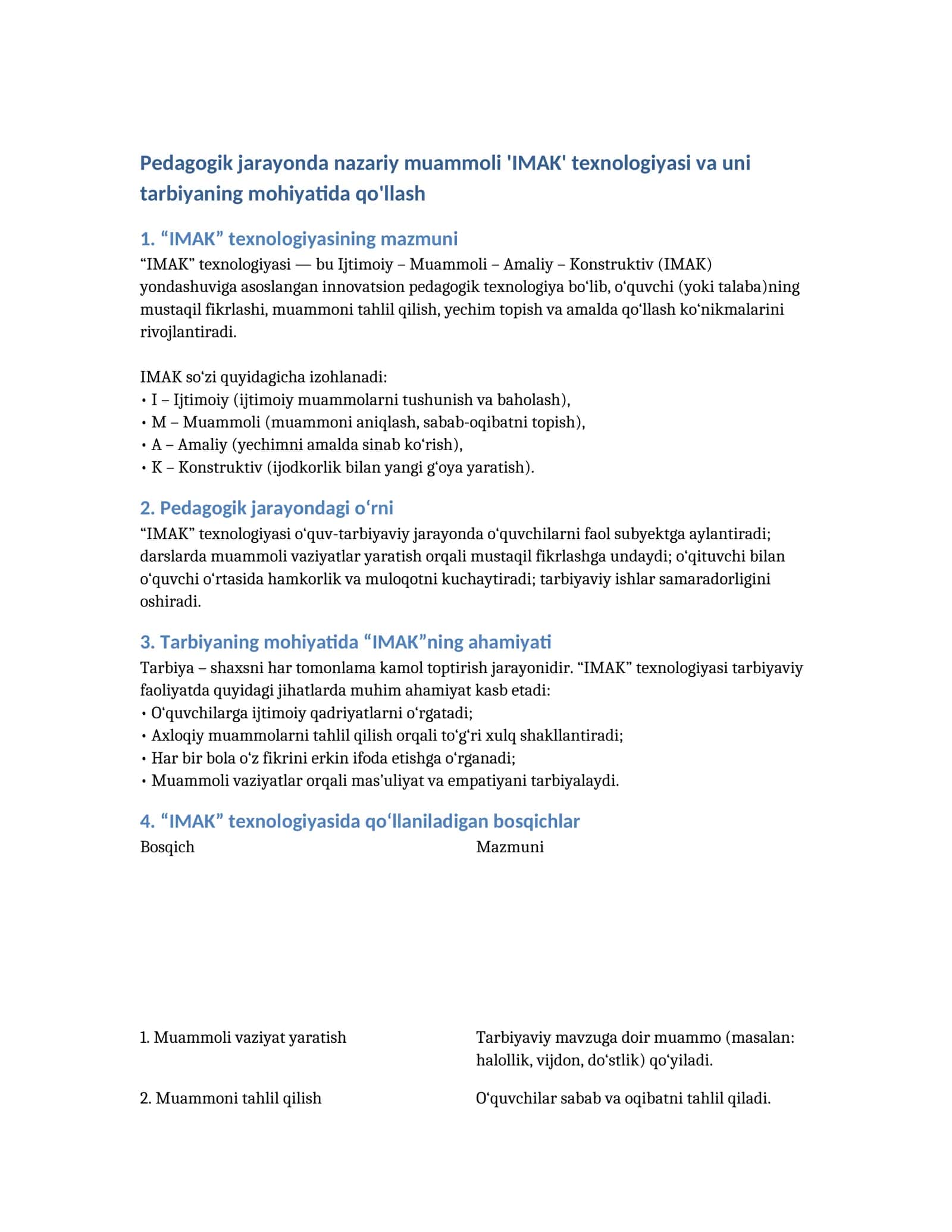 Pedagogik jarayonda nazariy muammoli 'IMAK' texnologiyasi va uni tarbiyaning mohiyatida qo'llash 1