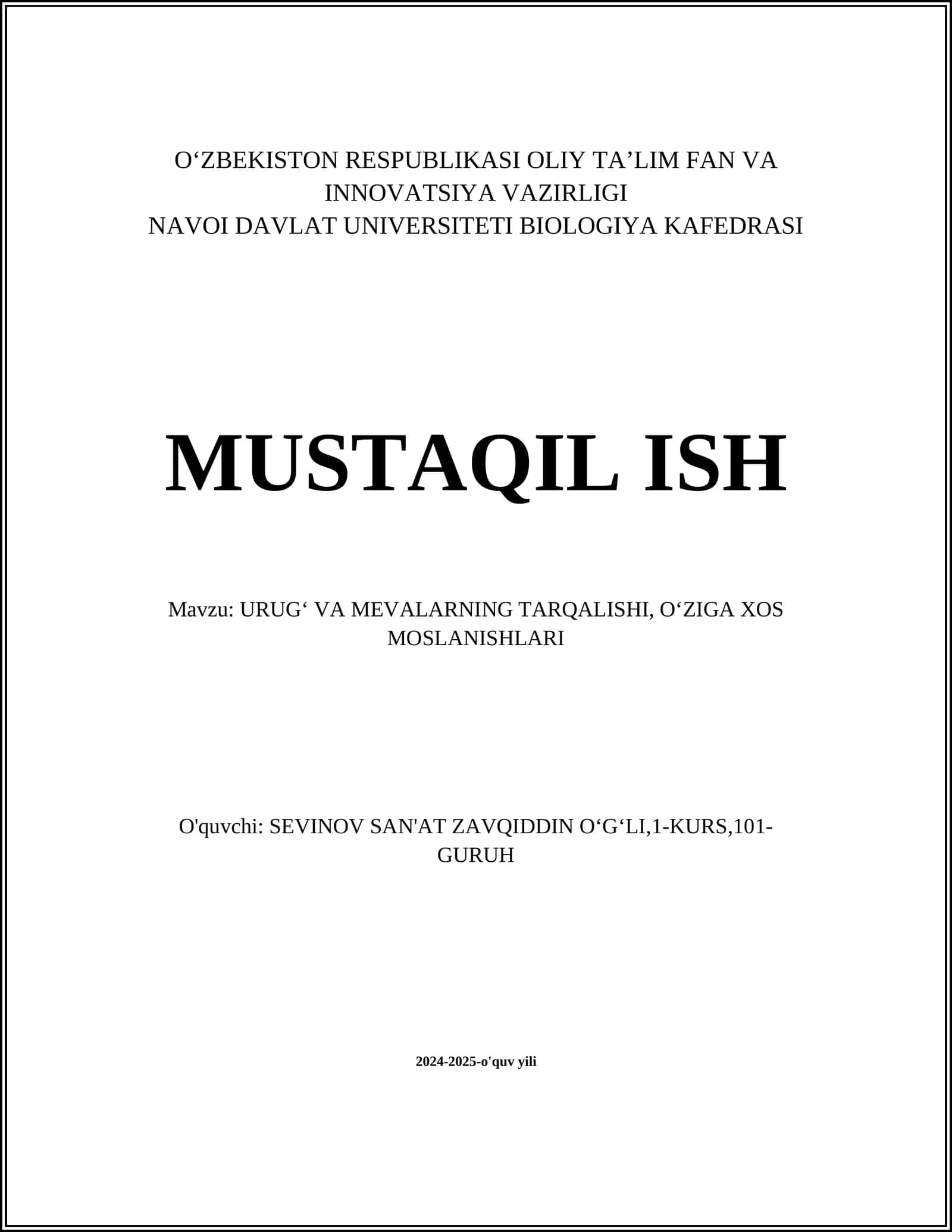 URUGʻ VA MEVALARNING TARQALISHI, OʻZIGA XOS MOSLANISHLARI 1