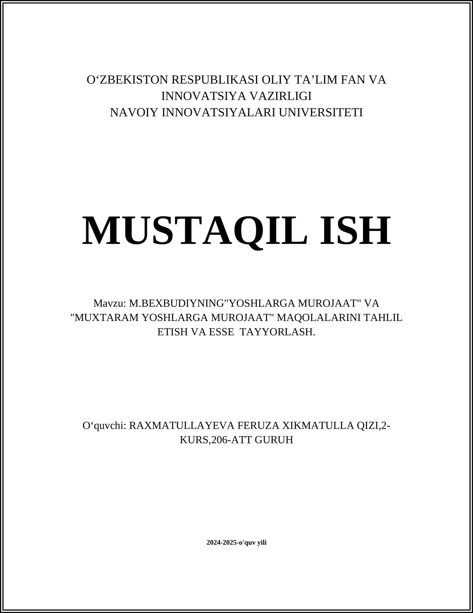 M.BEXBUDIYNING"YOSHLARGA MUROJAAT" VA "MUXTARAM YOSHLARGA MUROJAAT" MAQOLALARINI TAHLIL ETISH VA ESSE TAYYORLASH 1