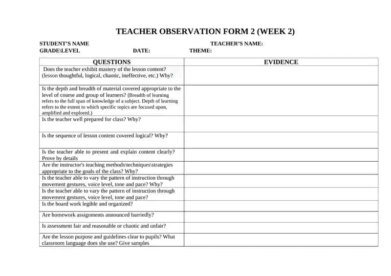 TEACHER OBSERVATION FORM 2 (WEEK 2) 1