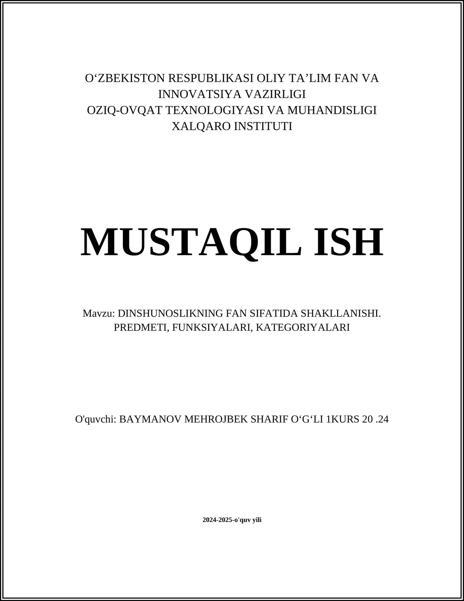 DINSHUNOSLIKNING FAN SIFATIDA SHAKLLANISHI. PREDMETI, FUNKSIYALARI, KATEGORIYALARI 1