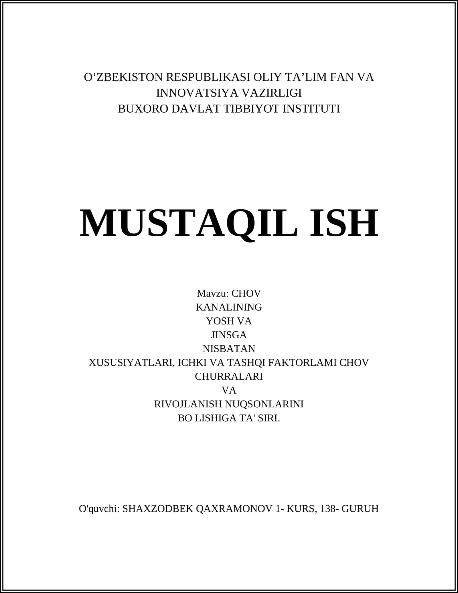 CHOV KANALINING YOSH VA JINSGA NISBATAN XUSUSIYATLARI 1