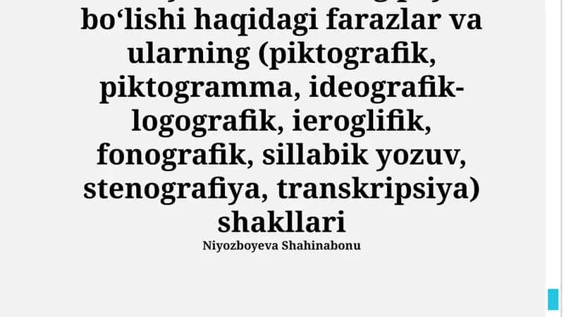 Til va yozuv, ularning paydo bo‘lishi haqidagi farazlar va ularning (piktografik, piktogramma, ideografik-logografik, ieroglifik, fonografik, sillabik yozuv, stenografiya, transkripsiya) shakllari 1