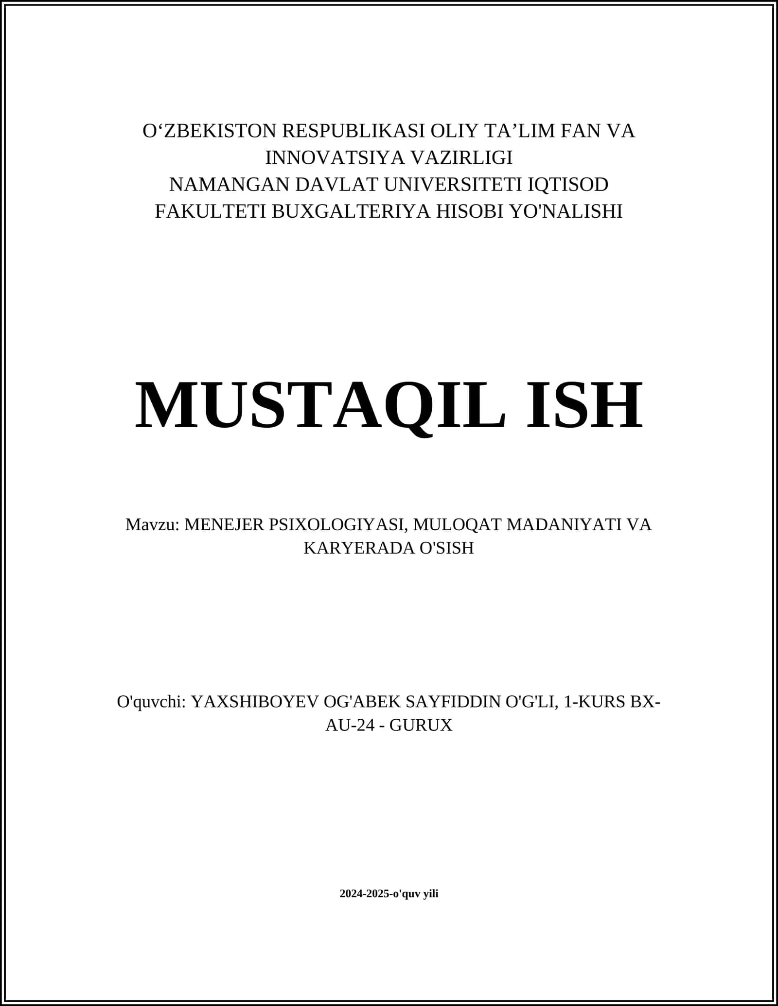 MENEJER PSIXOLOGIYASI, MULOQAT MADANIYATI VA KARYERADA O'SISH 1