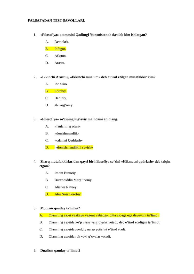 FALSAFADAN TEST SAVOLLARI 1