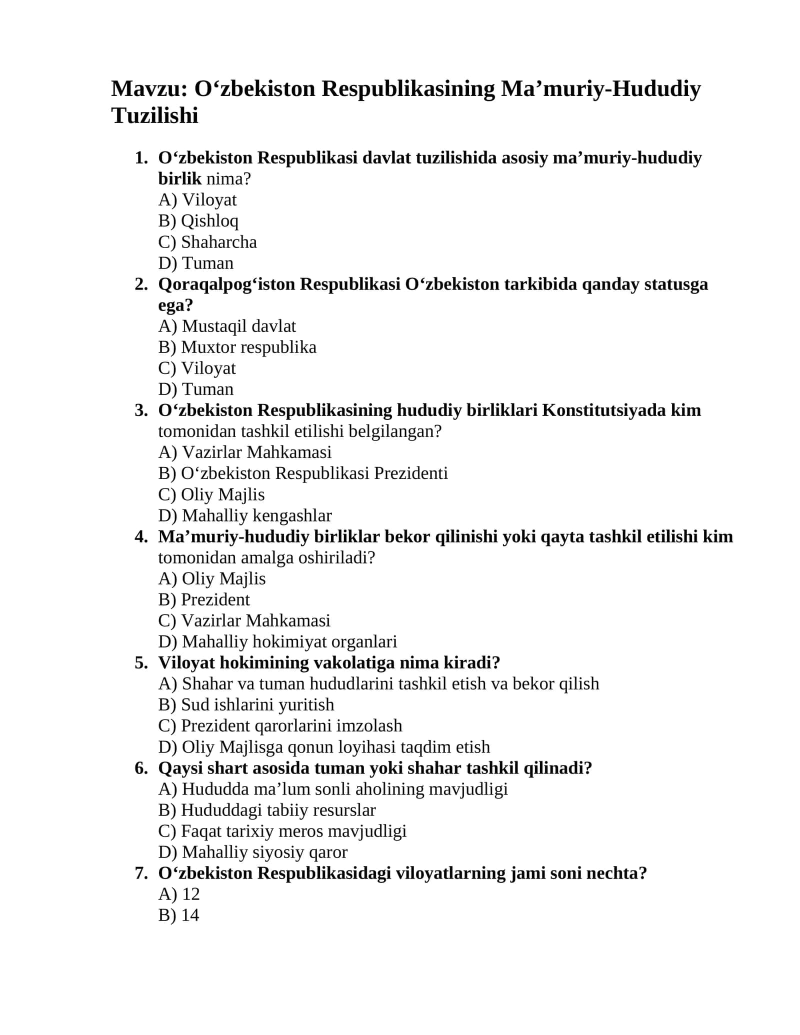 Oʻzbekiston Respublikasining Ma’muriy-Hududiy Tuzilishi 1