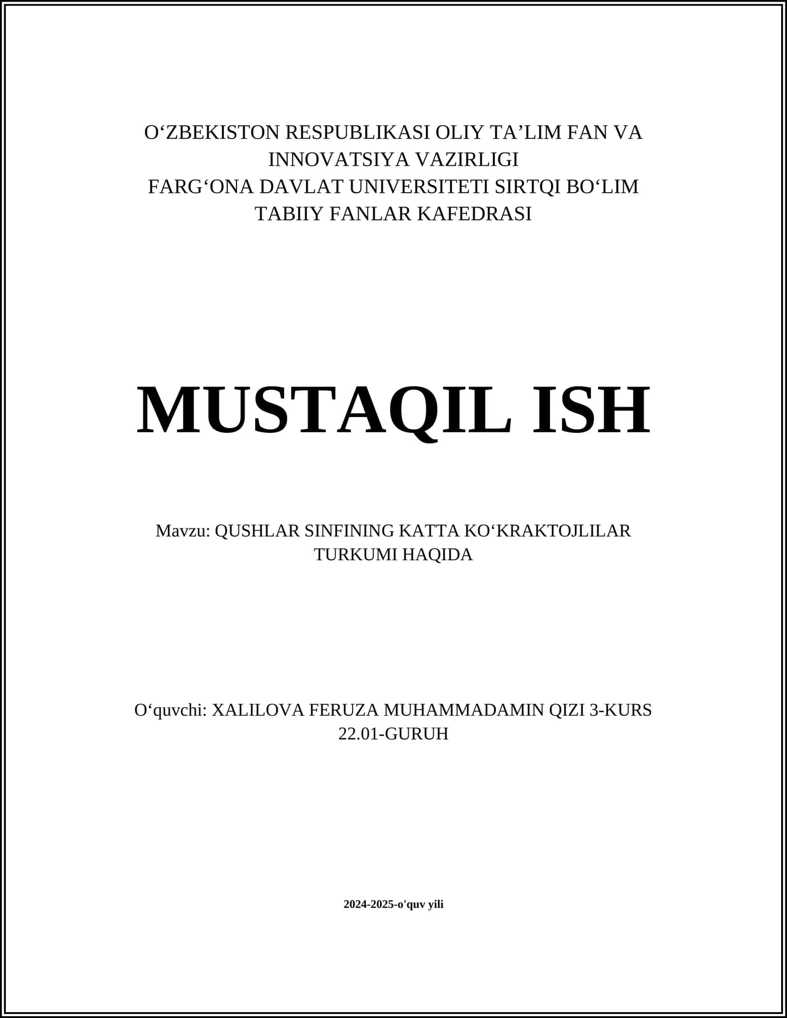 QUSHLAR SINFINING KATTA KO‘KRAKTOJLILAR TURKUMI HAQIDA 1
