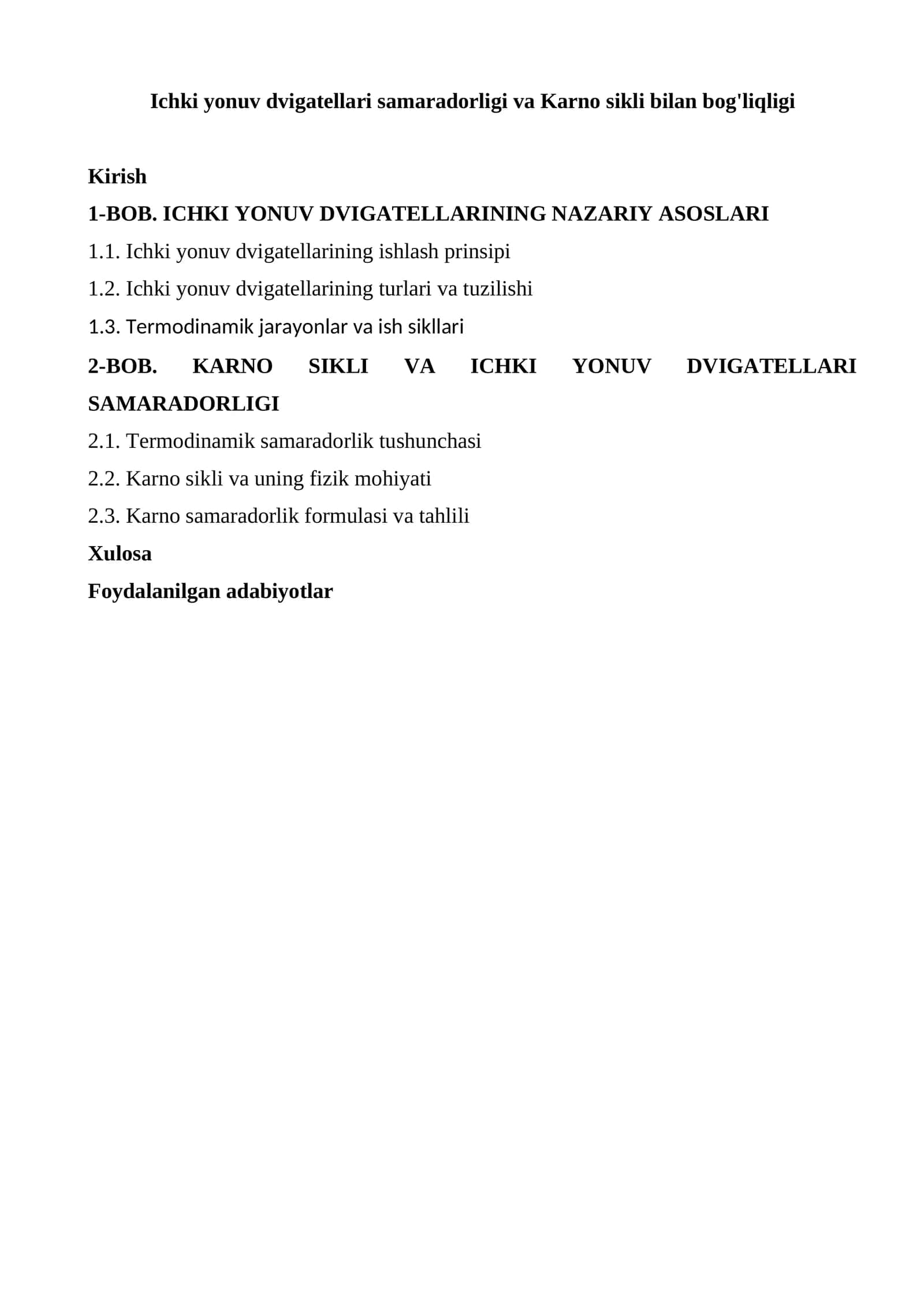 Ichki yonuv dvigatellari samaradorligi va Karno sikli bilan bog'liqligi 1