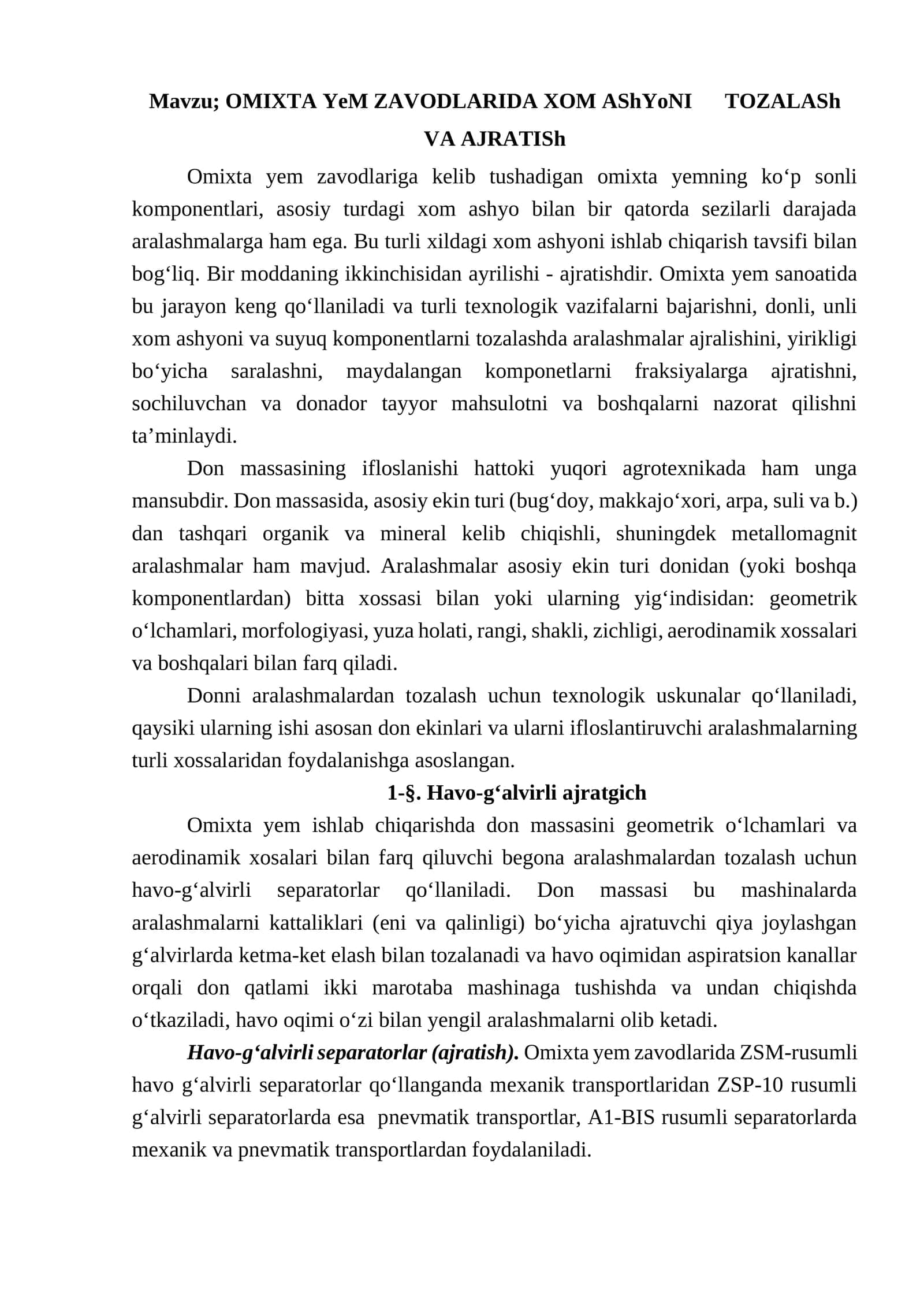 OMIXTA YeM ZAVODLARIDA XOM AShYoNI TOZALASh VA AJRATISh 1