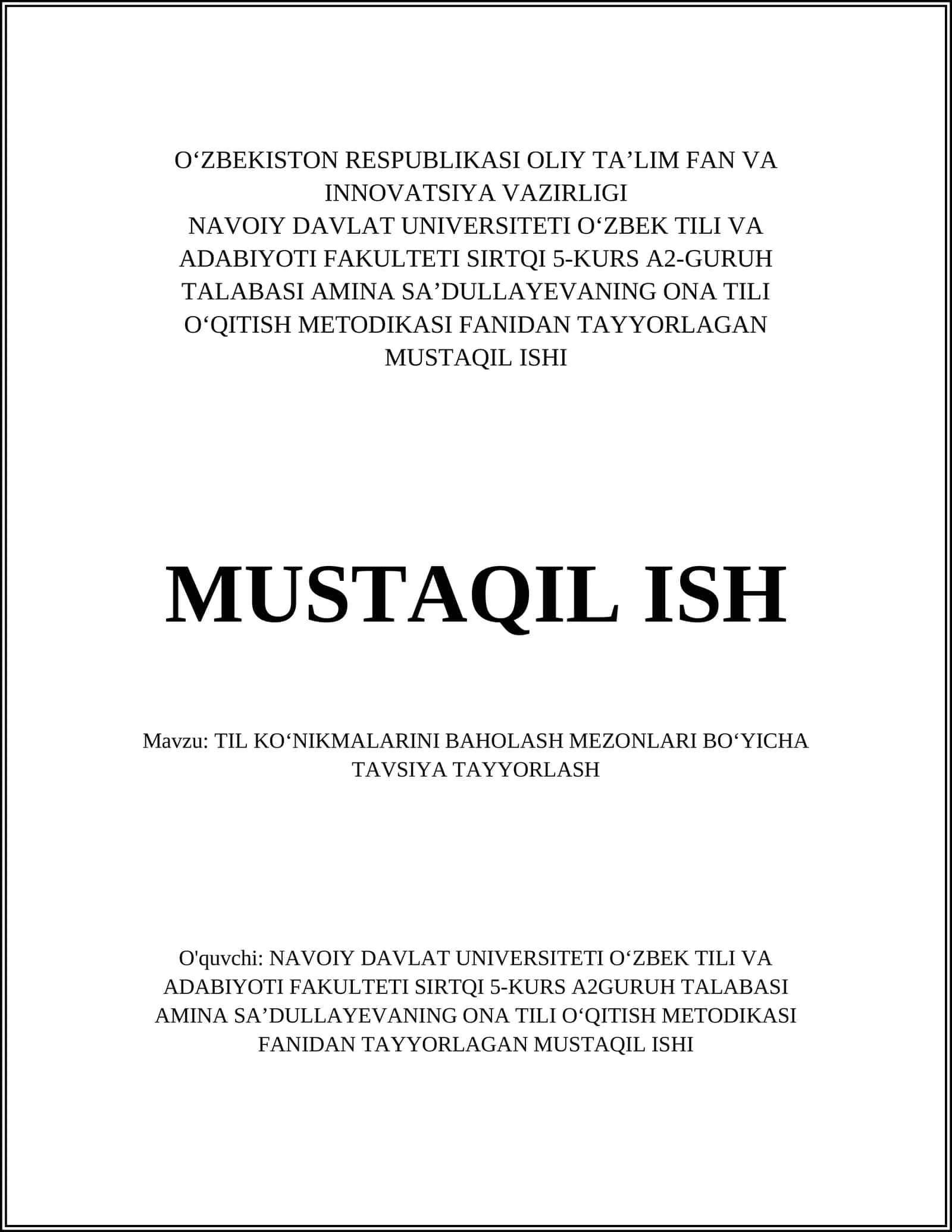 ONA TILI OʻQITISH METODIKASI FANIDAN TAYYORLAGAN MUSTAQIL ISHI 1