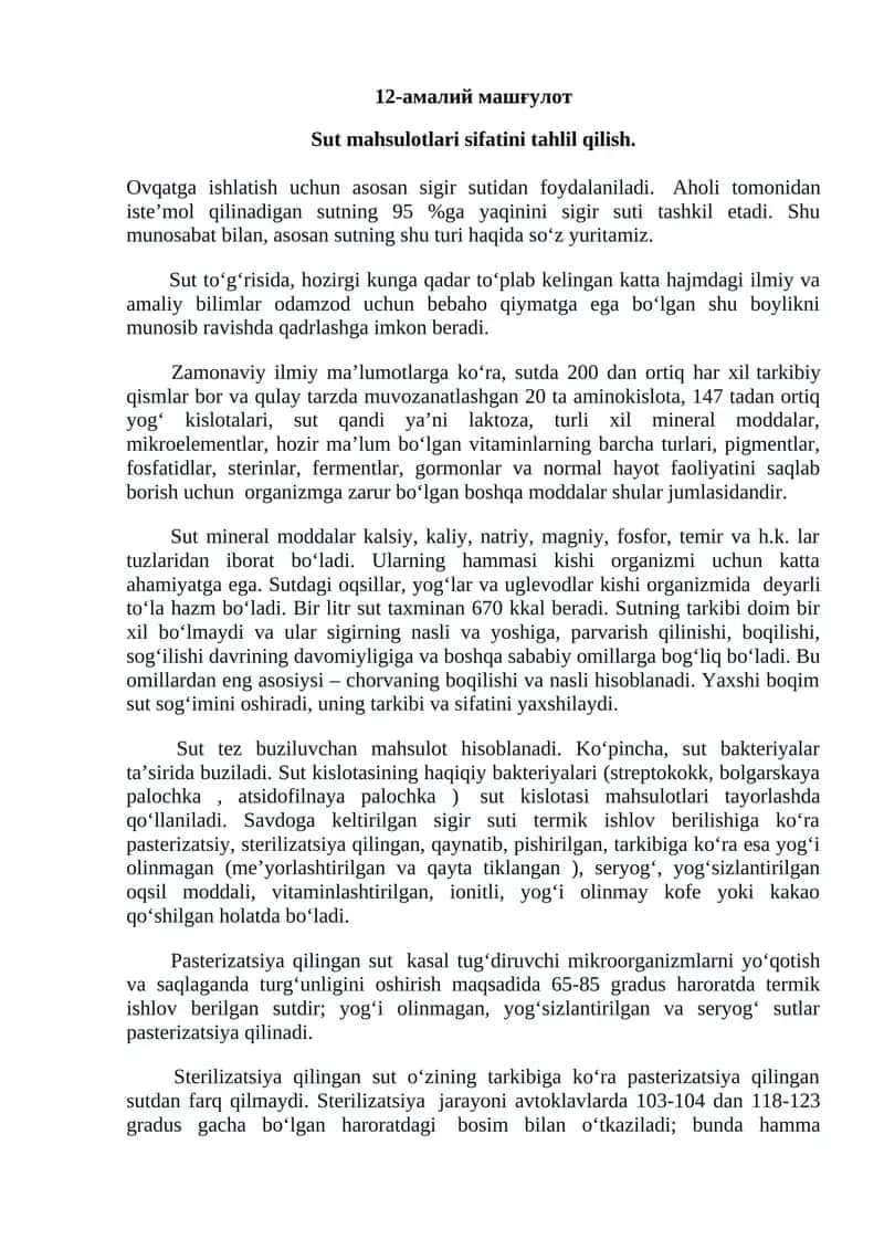 Sut mahsulotlari sifatini tahlil qilish 1
