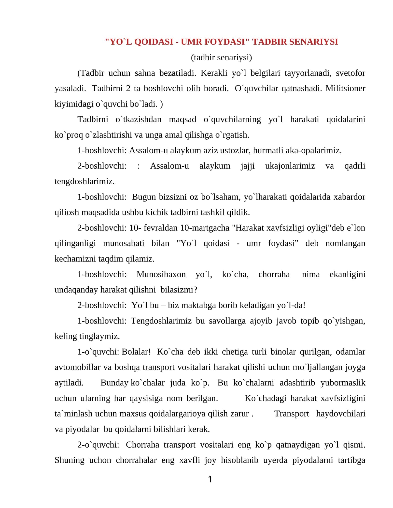 Yo`l qoidasi - umr foydasi tadbir senariysi 1