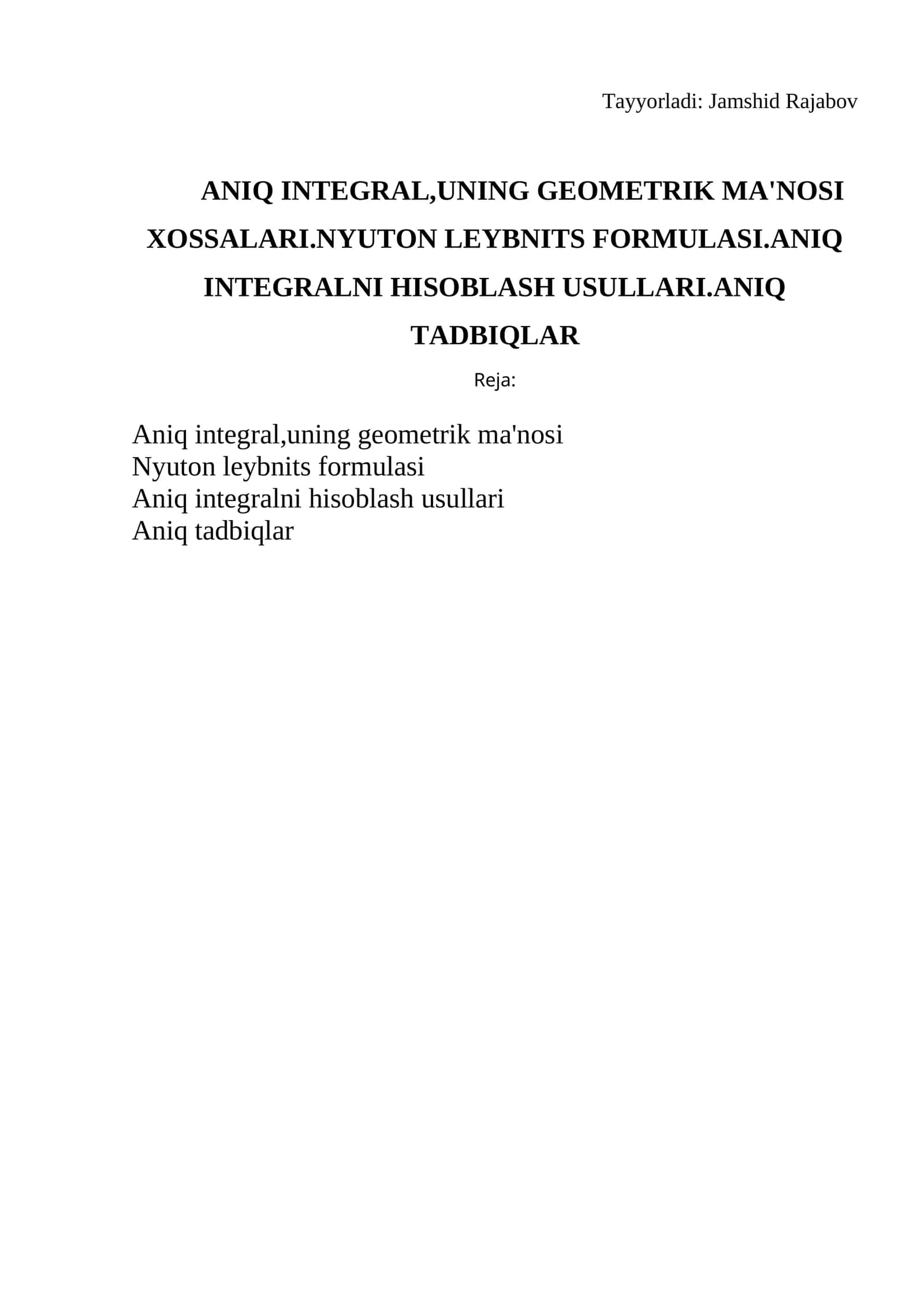 Aniq Integralning Ta'rifi va Uning Geometrik Ma'nosi 1