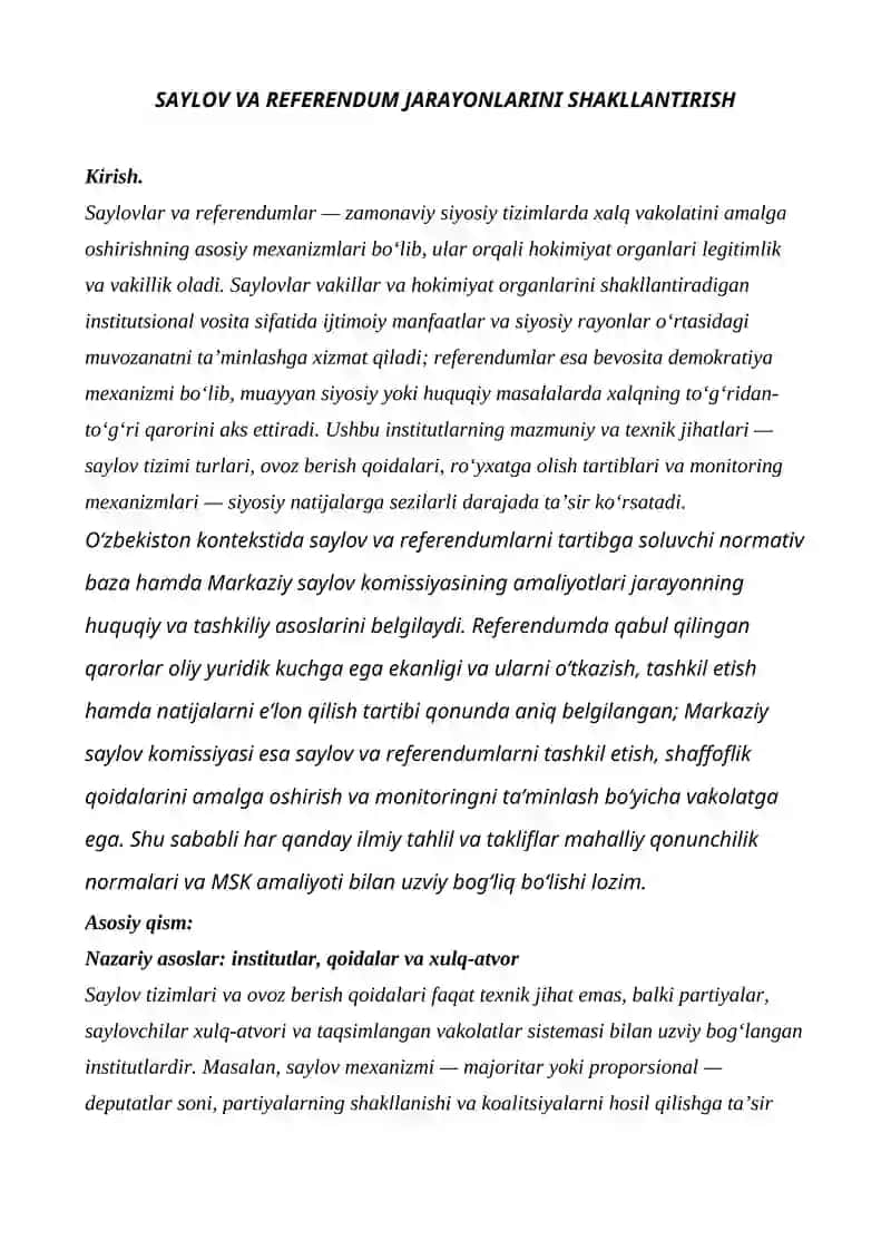 Saylov va Referendum Jarayonlarini Shakllantirish