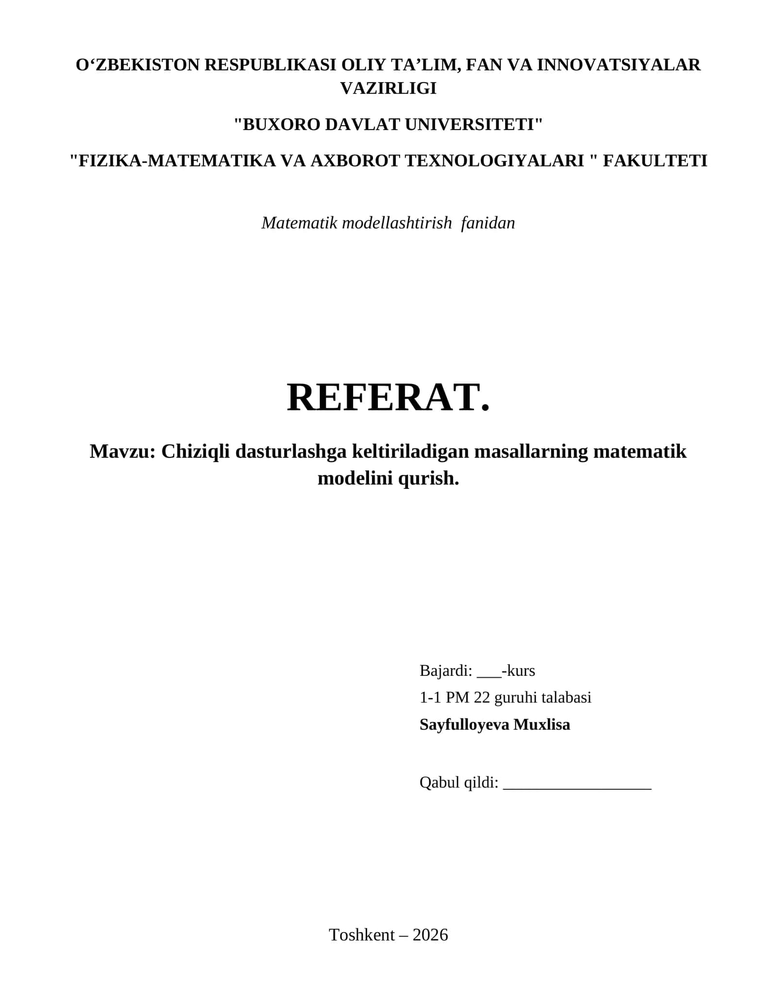 Chiziqli dasturlashga keltiriladigan masallarning matematik modelini qurish. 1