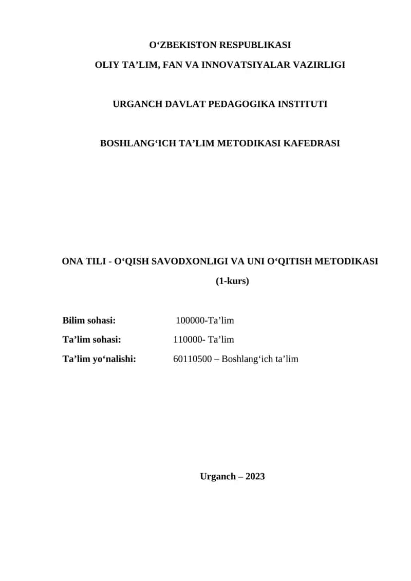 ONA TILI - O‘QISH SAVODXONLIGI VA UNI O‘QITISH METODIKASI 1