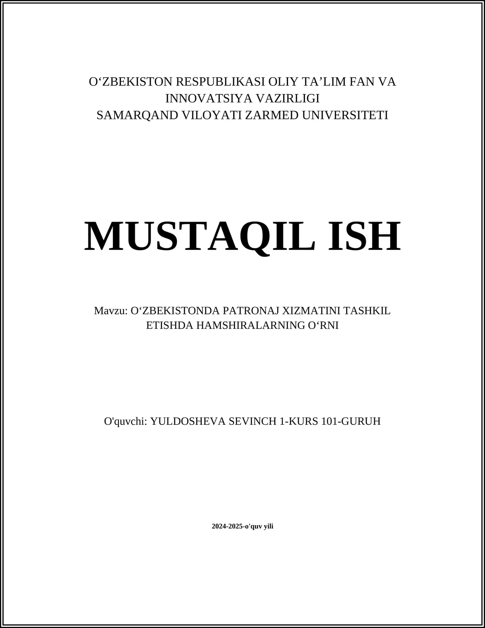 OʻZBEKISTONDA PATRONAJ XIZMATINI TASHKIL ETISHDA HAMSHIRALARNING OʻRNI 1