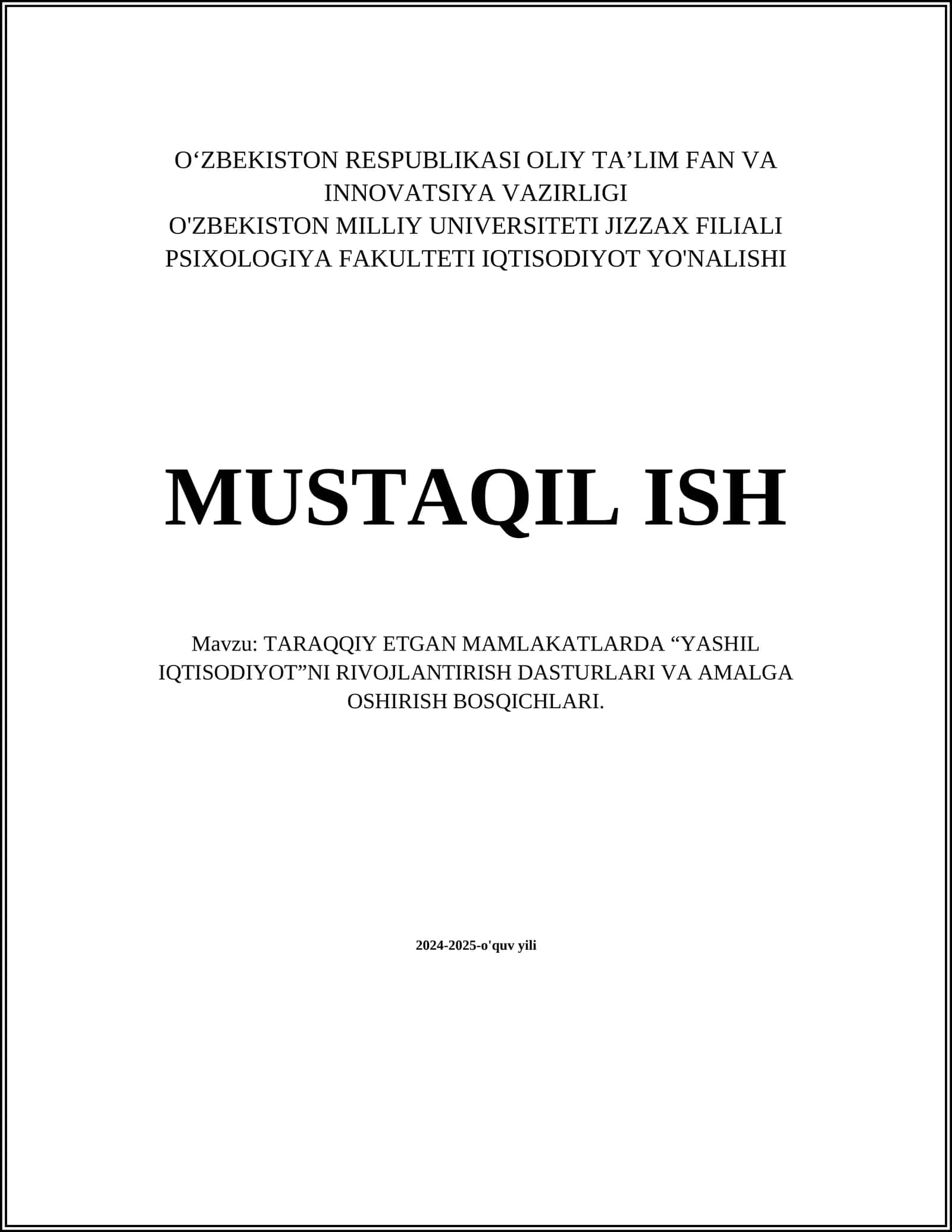 TARAQQIY ETGAN MAMLAKATLARDA “YASHIL IQTISODIYOT”NI RIVOJLANTIRISH DASTURLARI VA AMALGA OSHIRISH BOSQICHLARI 1