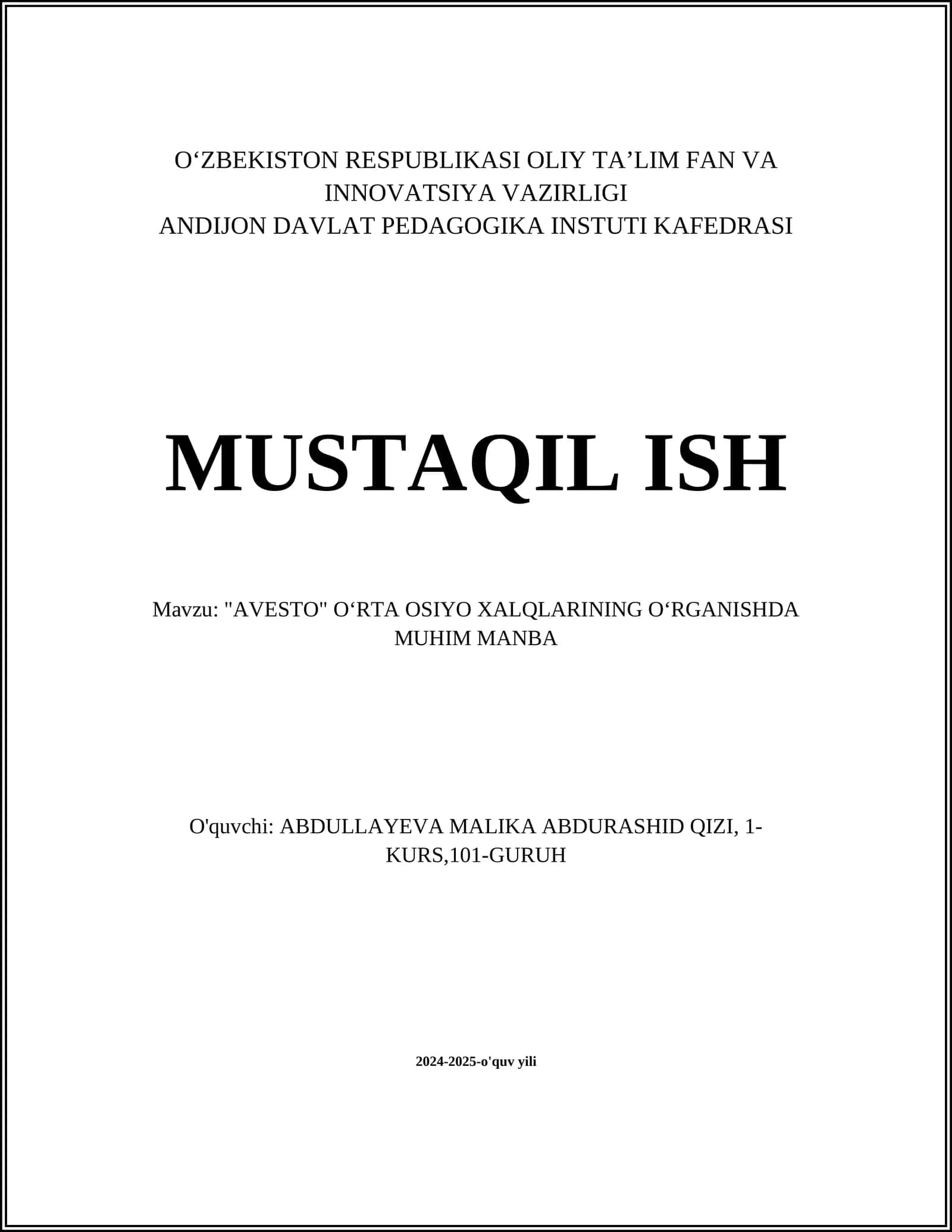 "AVESTO" OʻRTA OSIYO XALQLARINING OʻRGANISHDA MUHIM MANBA 1