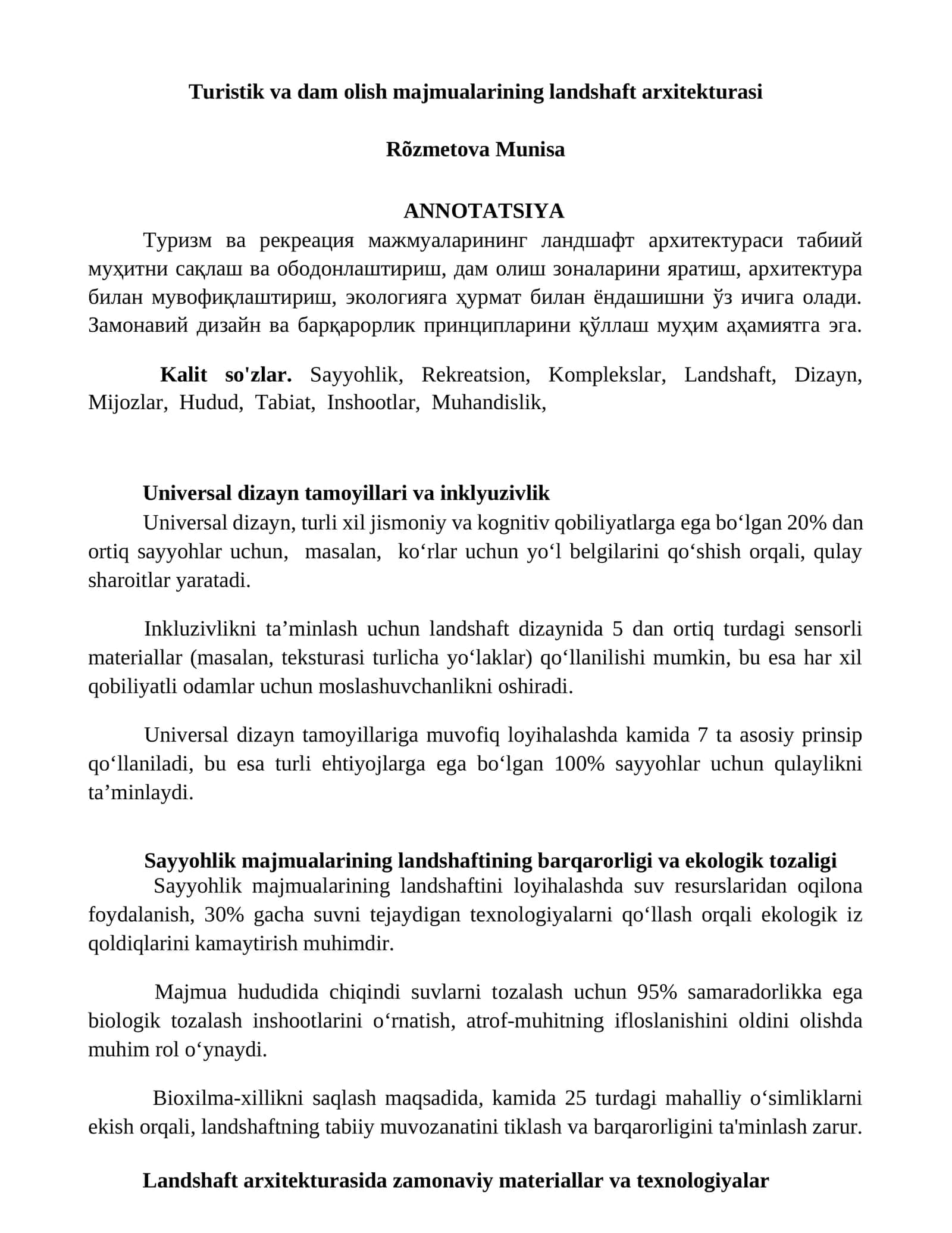 Turistik va dam olish majmualarining landshaft arxitekturasi 1