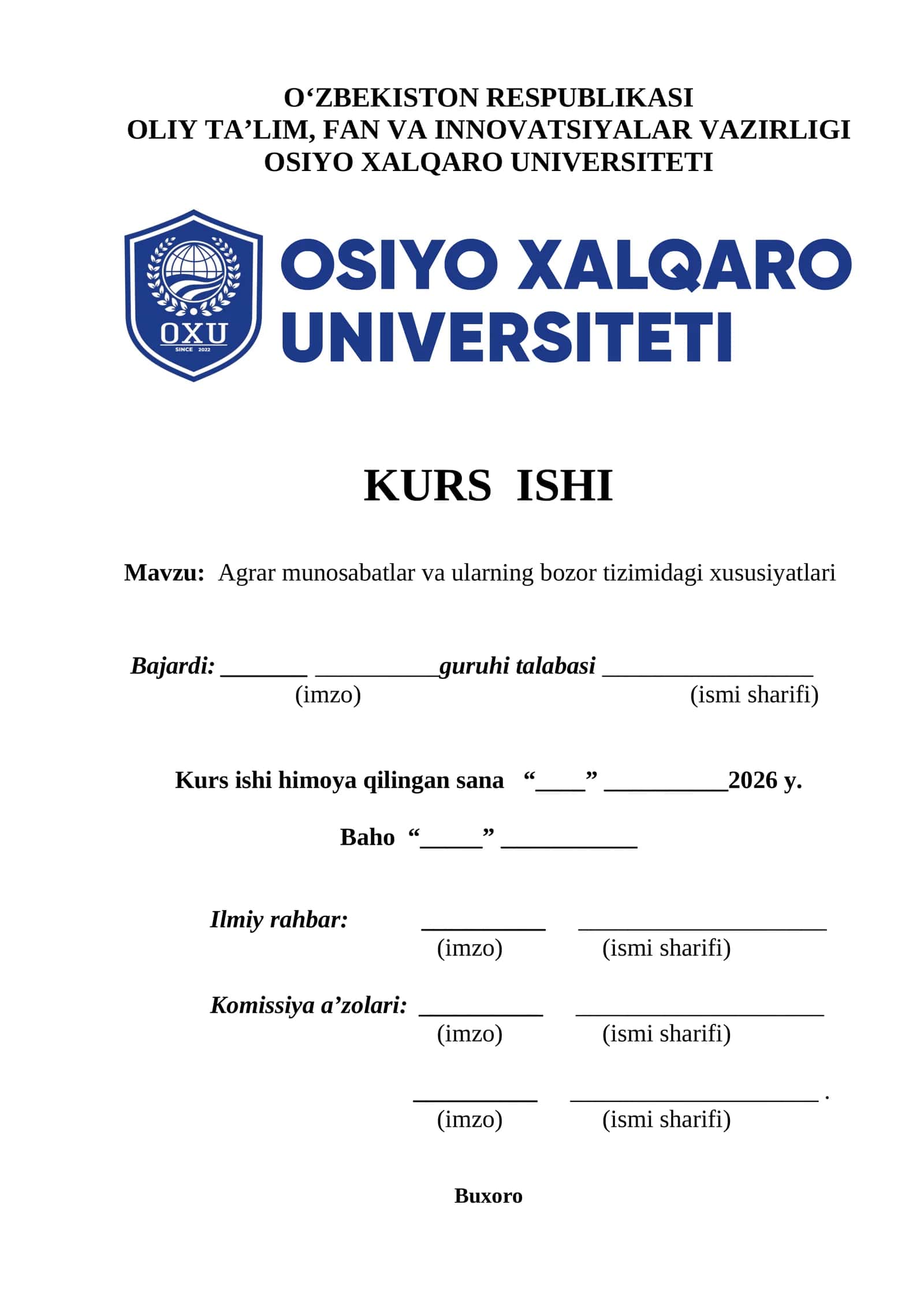 Agrar munosabatlar va ularning bozor tizimidagi xususiyatlari kurs ishi 1