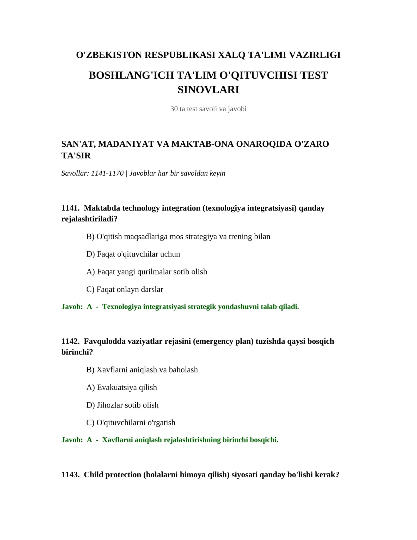 BOSHLANG'ICH TA'LIM O'QITUVCHISI TEST SINOVLARI 1