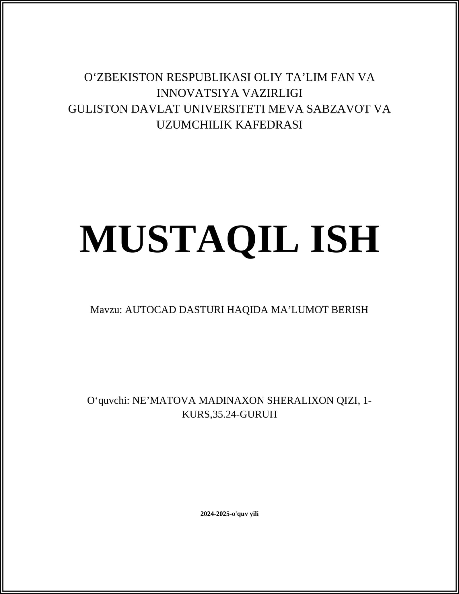 AUTOCAD DASTURI HAQIDA MAʼLUMOT BERISH 1