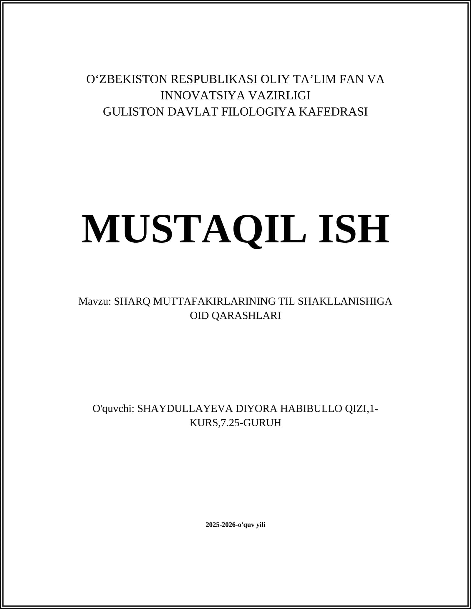 SHARQ MUTTAFAKIRLARINING TIL SHAKLLANISHIGA OID QARASHLARI 1