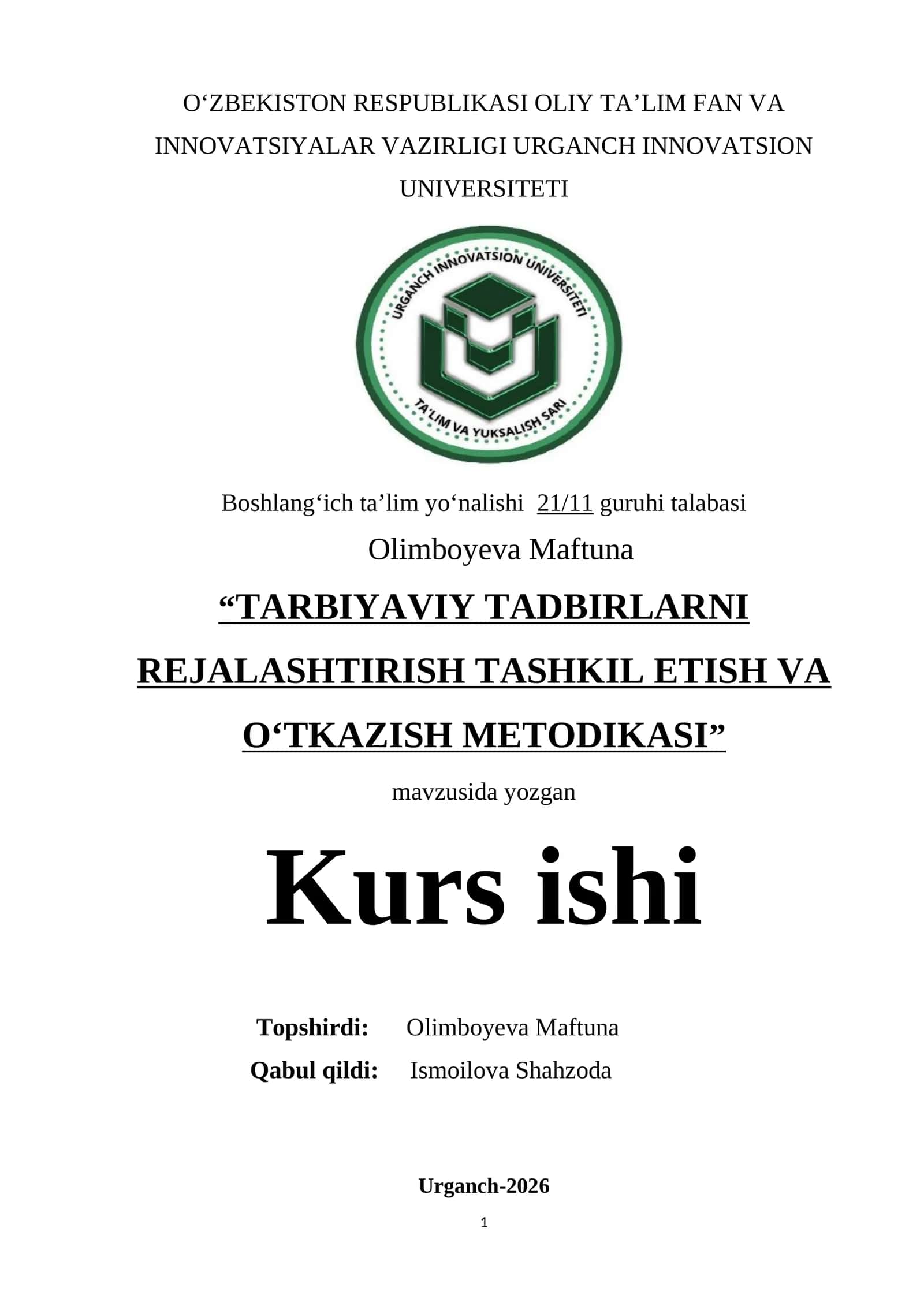 "TARBIYAVIY TADBIRLARNI REJALASHTIRISH TASHKIL ETISH VA OʻTKAZISH METODIKASI" 1